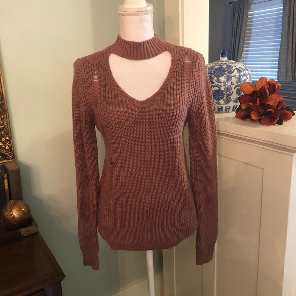 Say What? Sweaters - Pink Distressed Chunky Knit Choker Neck Sweater